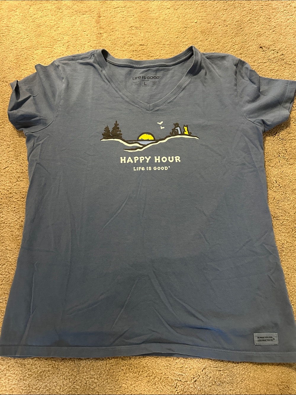 Life Is Good Women’s Slate Blue V-Neck 'Happy Hour' Graphic Tee